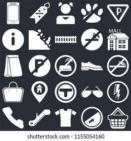 Set Of 25 icons such as Shopping basket, Slope, Shirt, Escalator, Telephone, Mall, Shoes, Junction, Tote bag, Information, Girl, Discount on black background, web UI editable icon pack