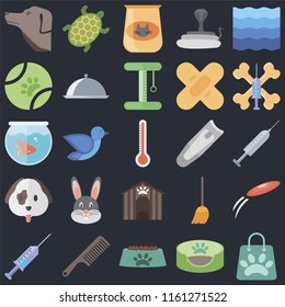 Set Of 25 icons such as Shopping bag, Pet bed, Bowl, Comb, Syringe, Treats, Nail clippers, Kennel, Dog, Ball, Cat food, Turtle on black background, web UI editable icon pack