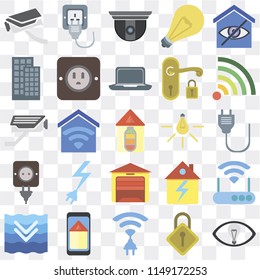 Set Of 25 icons such as Smart, Locking, Wireless, Smart home, Deep, Wifi, Light, Garage, Plug, Security camera, web UI transparent icon pack, pixel perfect