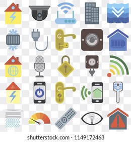 Set Of 25 icons such as Smart home, Smart, Remote, Meter, Air conditioner, Plug, Doorknob, Home, Cool, Modem, Security camera, web UI transparent icon pack, pixel perfect