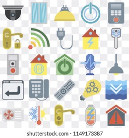 Set Of 25 icons such as Smart home, Power, Doorknob, Thermostat, Air conditioner, key, Voice control, Remote, Browser, Handle, Lightbulb, Window, web UI transparent icon pack, pixel perfect