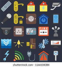 Set Of 25 icons such as Smart key, home, Plug, Wifi, Power, Remote, Fire alarm, Doorbell, Deep, Microphone, Home, Doorknob on black background, web UI editable icon pack