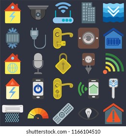 Set Of 25 icons such as Smart home, Smart, Remote, Meter, Air conditioner, Plug, Doorknob, Home, Cool, Modem, Security camera on black background, web UI editable icon pack