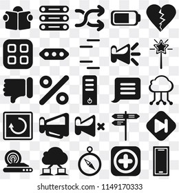 Set Of 25 icons such as Smartphone, Add, Compass, Cloud computing, Wireless internet, Magic wand, Notification, Mute, Restart, Menu, Shuffle, Database, web UI transparent icon pack, pixel perfect