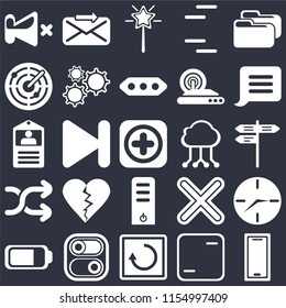 Set Of 25 icons such as Smartphone, Frame, Restart, Switch, Battery, Notification, Cloud computing, Server, Shuffle, Radar, Magic wand, Send on black background, web UI editable icon pack