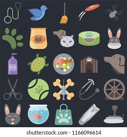 Set Of 25 icons such as Snake, Nail clippers, Shopping bag, Fishbowl, Rabbit, Kennel, Treats, Scissors, Animal, Broom, Bird on black background, web UI editable icon pack