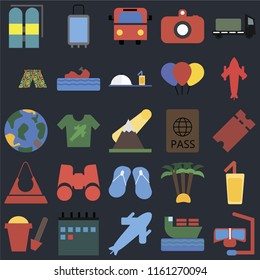 Set Of 25 icons such as Snorkel, Ship, Plane, Calendar, Sand bucket, Airplane, Passport, Flip flops, Purse, Swimsuit, Bus, Suitcases on black background, web UI editable icon pack