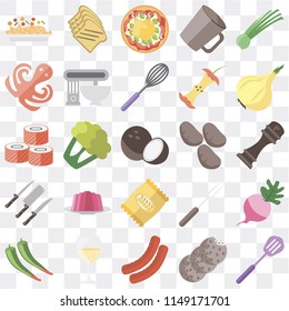 Set Of 25 icons such as Spatula, Cookies, Sausage, Glass, Pepper, Onion, Potatoes, Chips, Knives, Octopus, Pizza, Toast, web UI transparent icon pack, pixel perfect