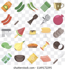 Set Of 25 icons such as Spoon, Bacon, Chips, Bowl, Pickles, Pomegranate, Pancakes, Pie, Lime, Sausage, Pepper, Cucumber, web UI transparent icon pack, pixel perfect