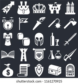 Set Of 25 icons such as Stained glass window, Chest, Shield, Scroll, Money bag, Axe, Wine, Standard, Bridge, Drum, Crown, Belt pouch on black background, web UI editable icon pack