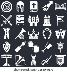 Set Of 25 icons such as Standard, Dagger, Gown, Crossbow, Pillory, Flag, Horseshoe, Beer, Shield, Swords, Bible, Armour on black background, web UI editable icon pack
