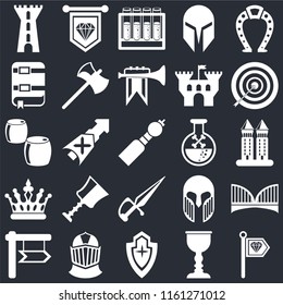 Set Of 25 icons such as Standard, Goblet, Shield, Helmet, , Archery, Poison, Dagger, Crown, Book, Alchemy, Standard on black background, web UI editable icon pack