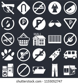 Set Of 25 icons such as Store, Jeans, Wallet, Forbidden, Electrical appliances, Parking, Barcode, No smoking, pets, water, Turn on black background, web UI editable icon pack