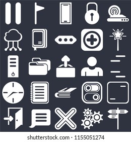 Set Of 25 icons such as Street, Settings, Multiply, Notification, Exit, Magic wand, User, Notebook, Clock, Cloud computing, Smartphone, Flag on black background, web UI editable icon pack