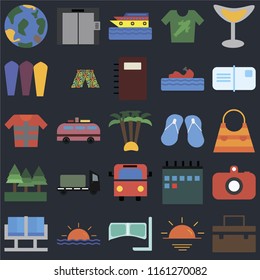 Set Of 25 icons such as Suitcase, Sunset, Snorkel, Waiting room, Postcards, Flip flops, Bus, Forest, Surfing, Cruise, Elevator on black background, web UI editable icon pack