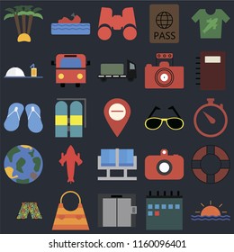 Set Of 25 icons such as Sunset, Calendar, Elevator, Bag, Swimsuit, Notebook, Sunglasses, Waiting room, Globe, Room service, Binoculars, Water craft on black background, web UI editable icon pack