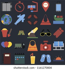 Set Of 25 icons such as Sunset, Flip flops, Cocktail, Calendar, Notebook, Ship, Sunglasses, Bag, Balloon, Globe, Snorkel, Time on black background, web UI editable icon pack