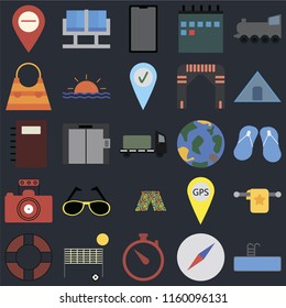 Set Of 25 icons such as Swimming pool, Compass, Time, Beach volleyball, Lifebuoy, Tent, Globe, Swimsuit, Photography, Bag, Phone, Waiting room on black background, web UI editable icon pack