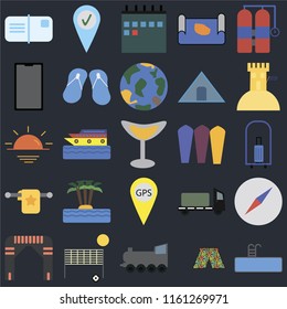 Set Of 25 icons such as Swimming pool, Swimsuit, Railway, Beach volleyball, Arch, Sand castle, Surfing, Gps, Towel, Phone, Calendar, Check in on black background, web UI editable icon pack