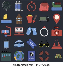 Set Of 25 icons such as Swimsuit, Lifebuoy, Passport, Globe, Calendar, Map, Ring, Tickets, Suitcases, Parasailing, Time, Oxygen tank on black background, web UI editable icon pack