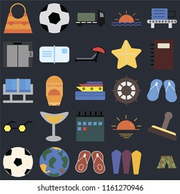 Set Of 25 icons such as Swimsuit, Surfing, Flip flops, Globe, Ball, Notebook, Helm, Calendar, Sunglasses, Elevator, Trailer, Ball on black background, web UI editable icon pack