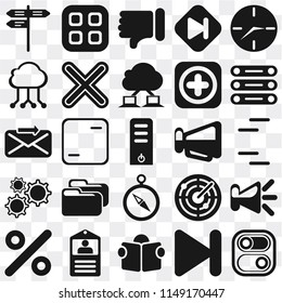 Set Of 25 icons such as Switch, Next, Reading, Id card, Percent, Database, Megaphone, Compass, Settings, Cloud computing, Dislike, Menu, web UI transparent icon pack, pixel perfect