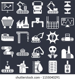 Set Of 25 icons such as Switch, Planning, Oil, Mill, Conveyor, Stock, Machinery, Digger, Robot arm, Coal, Truck, Conveyor on black background, web UI editable icon pack
