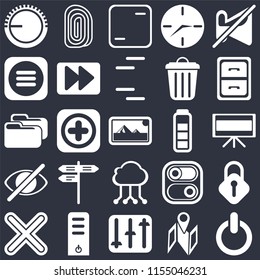 Set Of 25 icons such as Switch, Map, Controls, Server, Multiply, Archive, Battery, Cloud computing, Hide, Menu, Frame, Fingerprint on black background, web UI editable icon pack