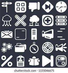 Set Of 25 icons such as Switch, Next, Reading, Id card, Percent, Database, Megaphone, Compass, Settings, Cloud computing, Dislike, Menu on black background, web UI editable icon pack