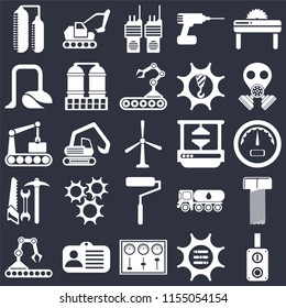 Set Of 25 icons such as Switch, Options, Control panel, Id card, Conveyor, Gas mask, Machine press, Roller, Tools, Vacuum, Walkie talkie, Excavator on black background, web UI editable icon pack