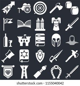 Set Of 25 icons such as Sword, Horseshoe, Bladder pipe, Tower, Standard, Armour, Shield, Cup, Flag, Archery, Wheelbarrow on black background, web UI editable icon pack