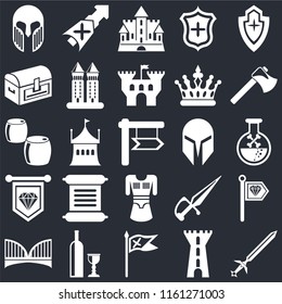 Set Of 25 icons such as Sword, Tower, Flag, Wine, Bridge, Axe, Helmet, Tunic, Standard, Chest, Castle, Lance on black background, web UI editable icon pack