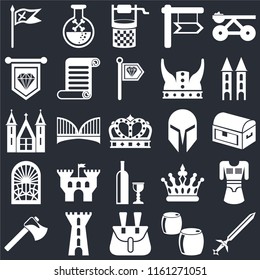 Set Of 25 icons such as Sword, Beer, Belt pouch, Tower, Axe, Helmet, Wine, Stained glass window, Standard, Water well, Poison on black background, web UI editable icon pack