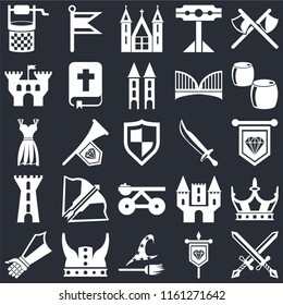 Set Of 25 icons such as Swords, Banner, Witch, Viking, Gauntlet, Beer, Sword, Trebuchet, Tower, Castle, Church, Flag on black background, web UI editable icon pack
