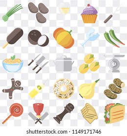 Set Of 25 icons such as Taco, Toast, Pepper, Butcher, Jawbreaker, Pistachio, Doughnut, Gingerbread, Ice cream, Glass, Potatoes, web UI transparent icon pack, pixel perfect