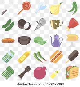 Set Of 25 icons such as Taco, Oil, Pomegranate, Pepper, Asparagus, Ham, Teapot, Pickles, Cucumber, Glass, Jawbreaker, web UI transparent icon pack, pixel perfect