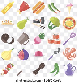 Set Of 25 icons such as Teapot, Peas, Pepper, Fork, Kebab, Pizza, Sushi, Jelly, Onion, Risotto, Hot dog, Ham, web UI transparent icon pack, pixel perfect