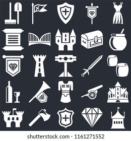 Set Of 25 icons such as Tent, Jewelry, Shield, Axe, Castle, Cauldron, Sword, Tunic, Wine, Scroll, Flag on black background, web UI editable icon pack