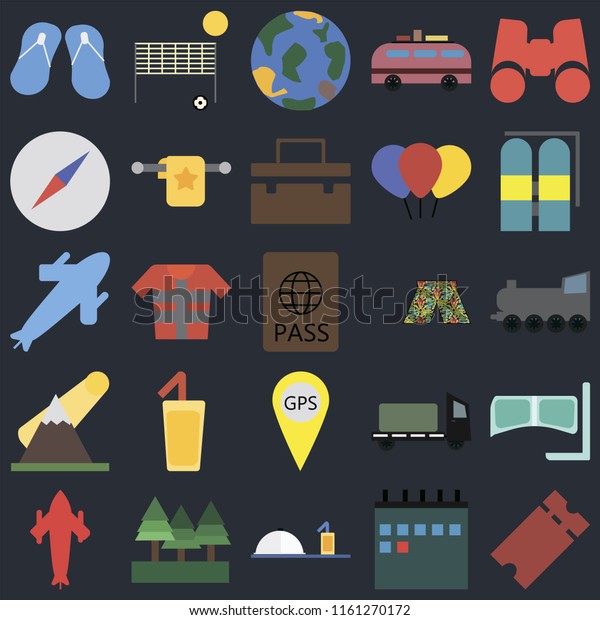 Set Of 25 icons such as Tickets, Calendar, Room\
service, Forest, Airplane, Aqualung, Swimsuit, Gps, Mountains,\
Compass, Globe, Beach volleyball on black background, web UI\
editable icon pack