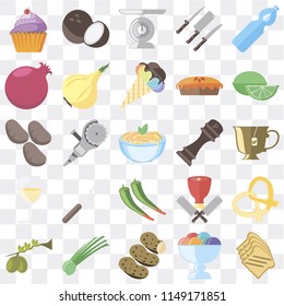 Set Of 25 icons such as Toast, Ice cream, Potatoes, Chives, Olives, Lime, Pepper, Glass, Pomegranate, Scale, Coconut, web UI transparent icon pack, pixel perfect