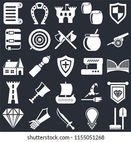 Set Of 25 icons such as Tools, Necklace, Sword, Gauntlet, Jewelry, Cannon, Sewing machine, Viking ship, Tower, Book, Castle, Horseshoe on black background, web UI editable icon pack