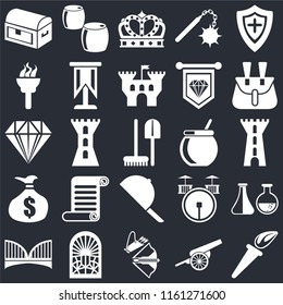 Set Of 25 icons such as Torch, Cannon, Crossbow, Stained glass window, Bridge, Belt pouch, Cauldron, Hat, Money bag, Crown, Beer on black background, web UI editable icon pack