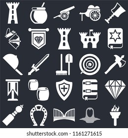 Set Of 25 icons such as Torch, Coif, Bridge, Horseshoe, Bladder pipe, Spellbook, Archery, Shield, Standard, Crossbow, Cannon, Cauldron on black background, web UI editable icon pack