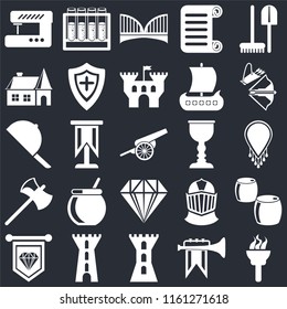 Set Of 25 icons such as Torch, Fanfare, Tower, Standard, Crossbow, Goblet, Jewelry, Axe, House, Bridge, Alchemy on black background, web UI editable icon pack