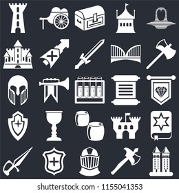 Set Of 25 icons such as Tower, Axe, Helmet, Shield, Dagger, Scroll, Beer, Castle, Chest, Wheelbarrow on black background, web UI editable icon pack