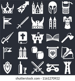 Set Of 25 icons such as Tower, Trebuchet, Swords, Wine, Shield, Tunic, Bridge, Beer, Flag, Church, Lance on black background, web UI editable icon pack
