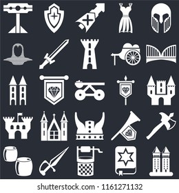 Set Of 25 icons such as Tower, Spellbook, Water well, Dagger, Beer, Bridge, Banner, Viking, Castle, Coif, Lance, Shield on black background, web UI editable icon pack