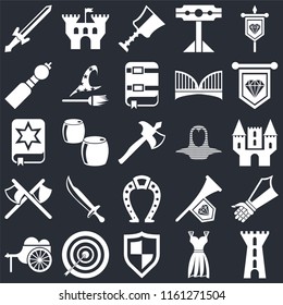 Set Of 25 icons such as Tower, Gown, Shield, Archery, Wheelbarrow, Standard, Coif, Horseshoe, Axes, Bladder pipe, Cup, Castle on black background, web UI editable icon pack
