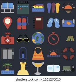 Set Of 25 icons such as Trailer, Postcards, Cocktail, Sand castle, Island, Map, Time, Bag, Elevator, Cruise, Calendar on black background, web UI editable icon pack