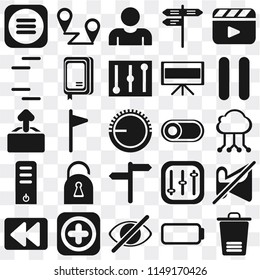 Set Of 25 icons such as Trash, Battery, Hide, Add, Rewind, Pause, Switch, , Server, Lines, User, Placeholders, web UI transparent icon pack, pixel perfect